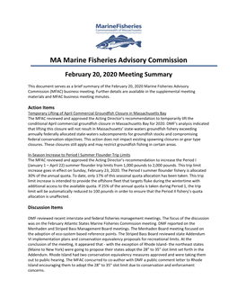 MA Marine Fisheries Advisory Commission February 20, 2020 Meeting Summary