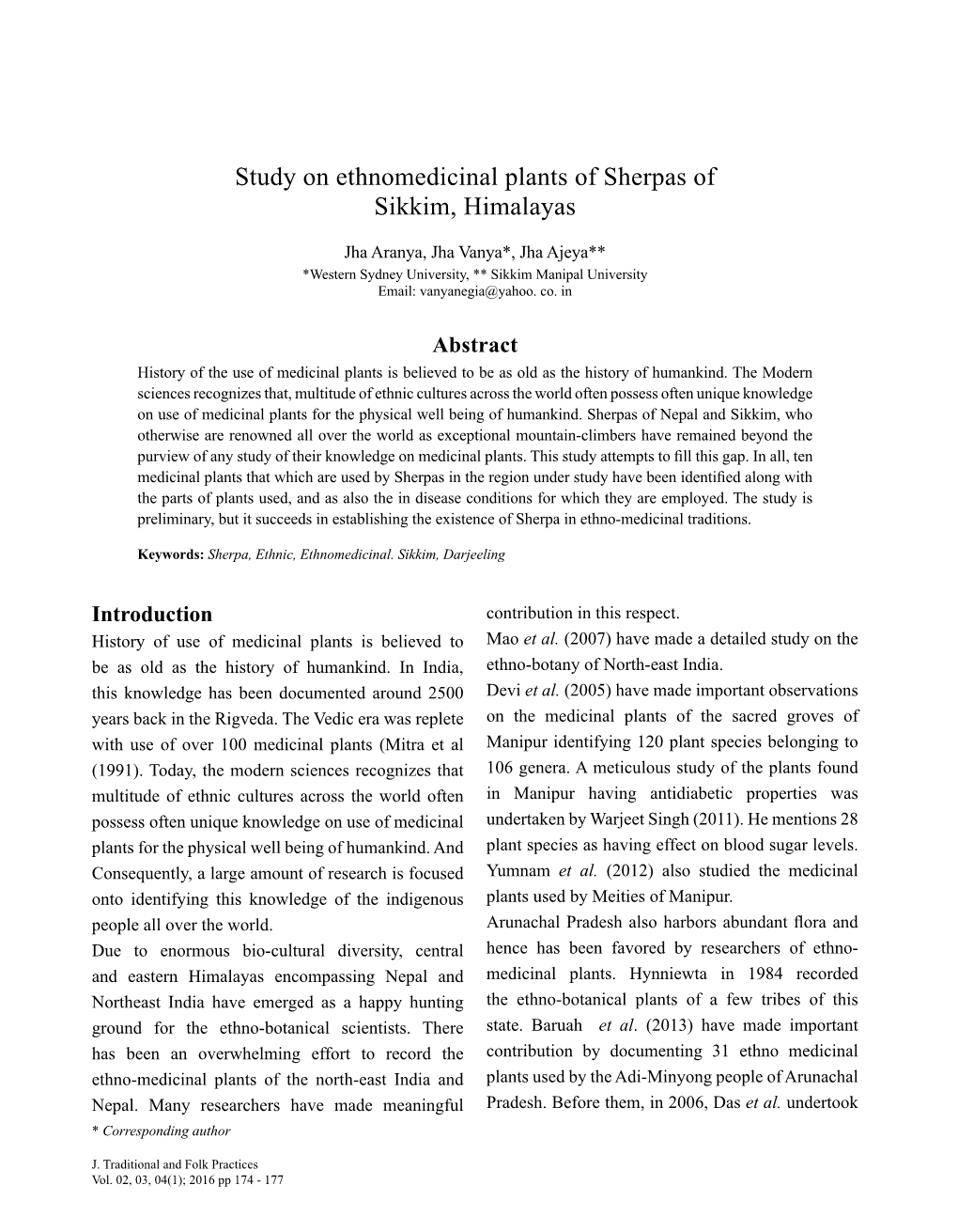 Study on Ethnomedicinal Plants of Sherpas of Sikkim, Himalayas