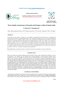 Water Quality Monitoring on Tirumala and Tirupati, Andhra Pradesh, India