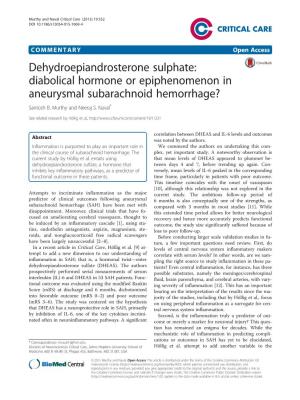 Dehydroepiandrosterone Sulphate: Diabolical Hormone Or Epiphenomenon in Aneurysmal Subarachnoid Hemorrhage? Santosh B