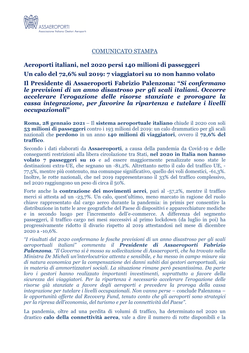 COMUNICATO STAMPA Aeroporti Italiani, Nel 2020 Persi 140 Milioni