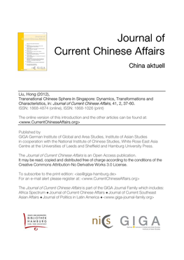 Transnational Chinese Sphere in Singapore: Dynamics, Transformations and Characteristics, In: Journal of Current Chinese Affairs, 41, 2, 37-60