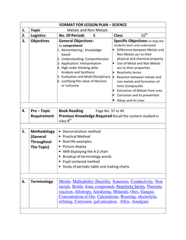 FORMAT for LESSON PLAN – SCIENCE 1. Topic Metals and Non Metals 2. Logistics No. of Periods 8 Class 10 3. Objecti