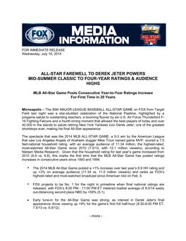 All-Star Farewell to Derek Jeter Powers Mid-Summer Classic to Four-Year Ratings & Audience Highs