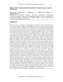 Risks and Causes of Mortalities in Wild Ungulates of Tanzania