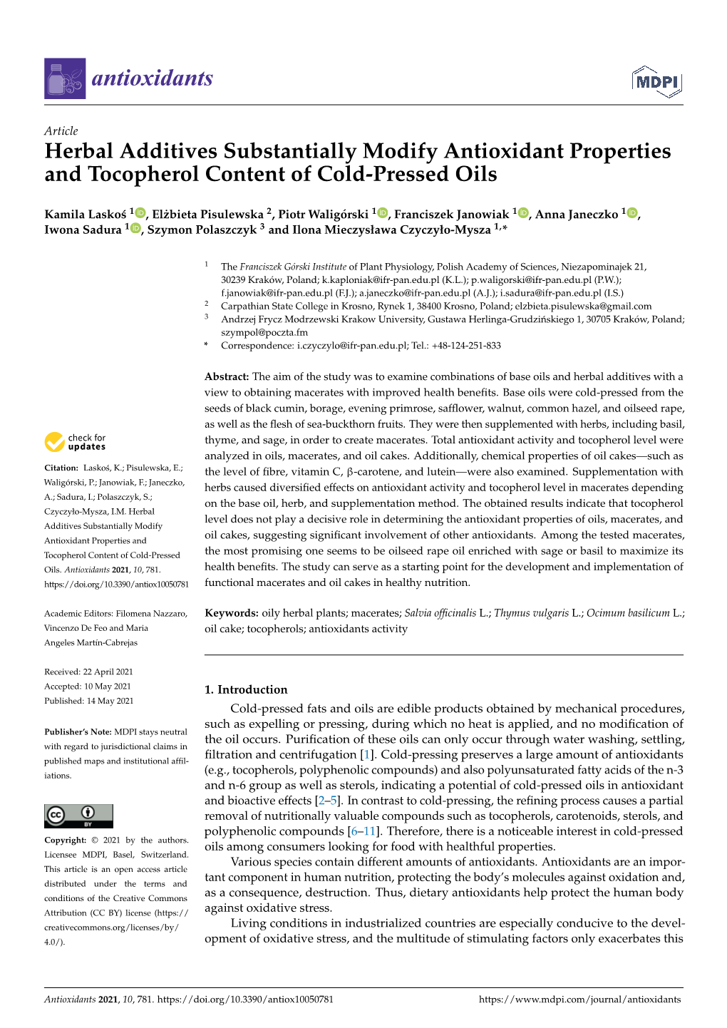 Herbal Additives Substantially Modify Antioxidant Properties and Tocopherol Content of Cold-Pressed Oils