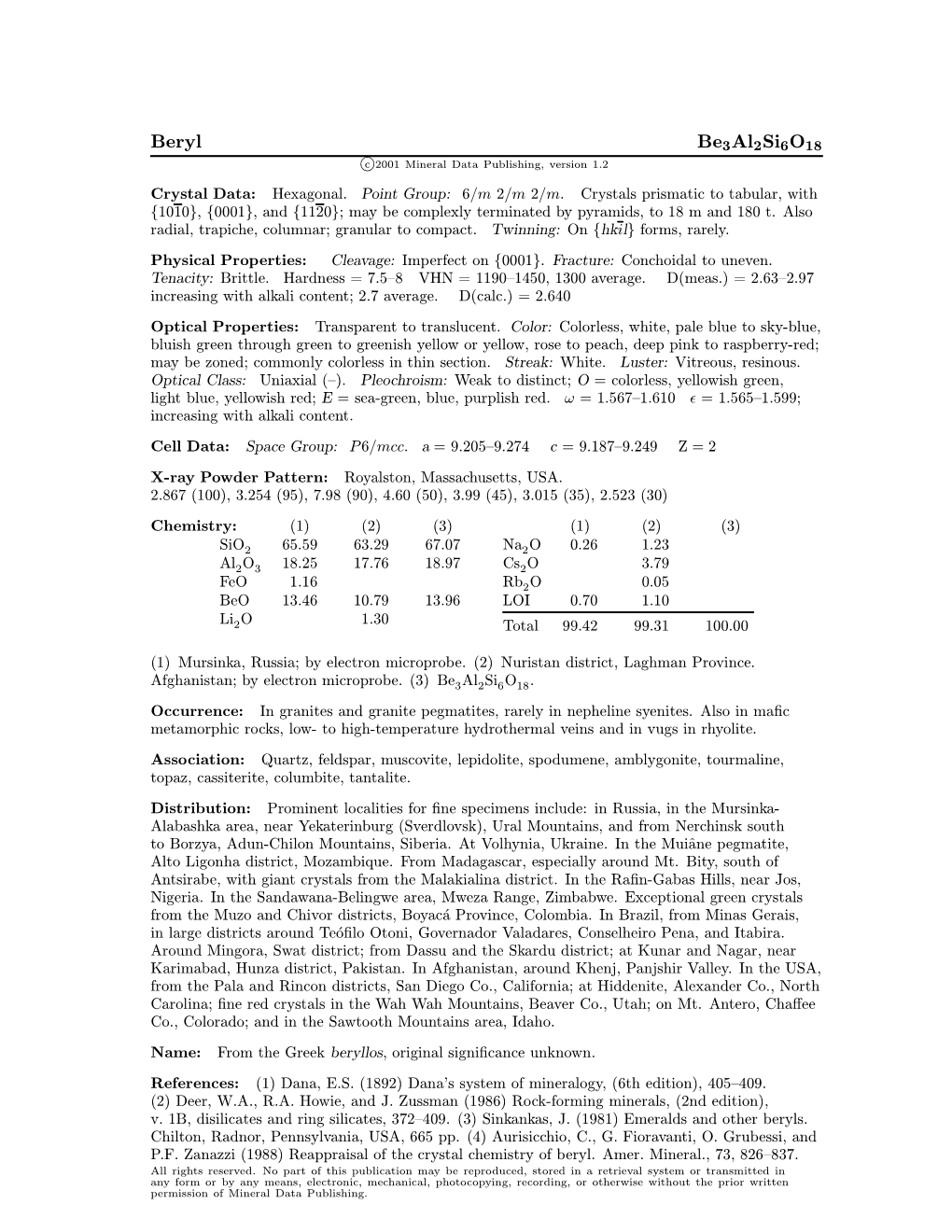 Beryl Be3al2si6o18 C 2001 Mineral Data Publishing, Version 1.2 ° Crystal Data: Hexagonal