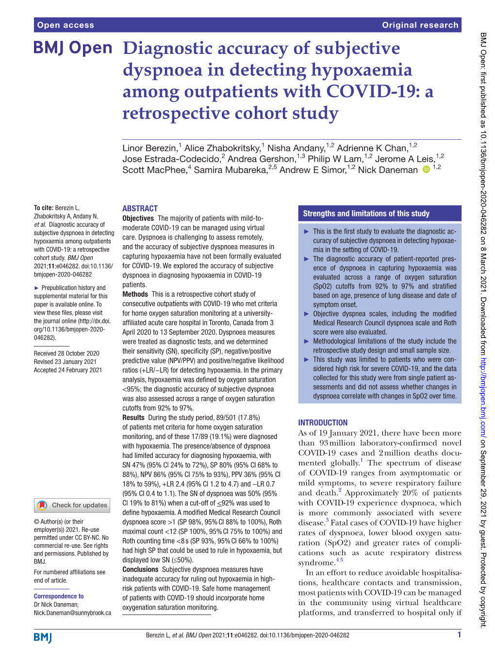 Diagnostic Accuracy of Subjective Dyspnoea in Detecting Hypoxaemia Among Outpatients with COVID-19: a Retrospective Cohort Study