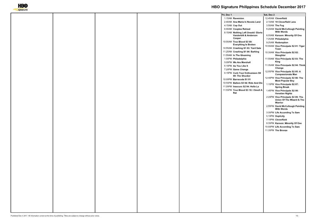 HBO Signature Philippines Schedule December 2017