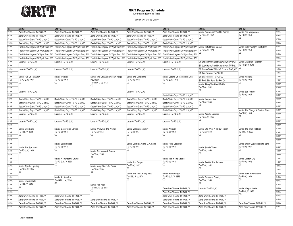 GRIT Program Schedule Listings in Eastern Time