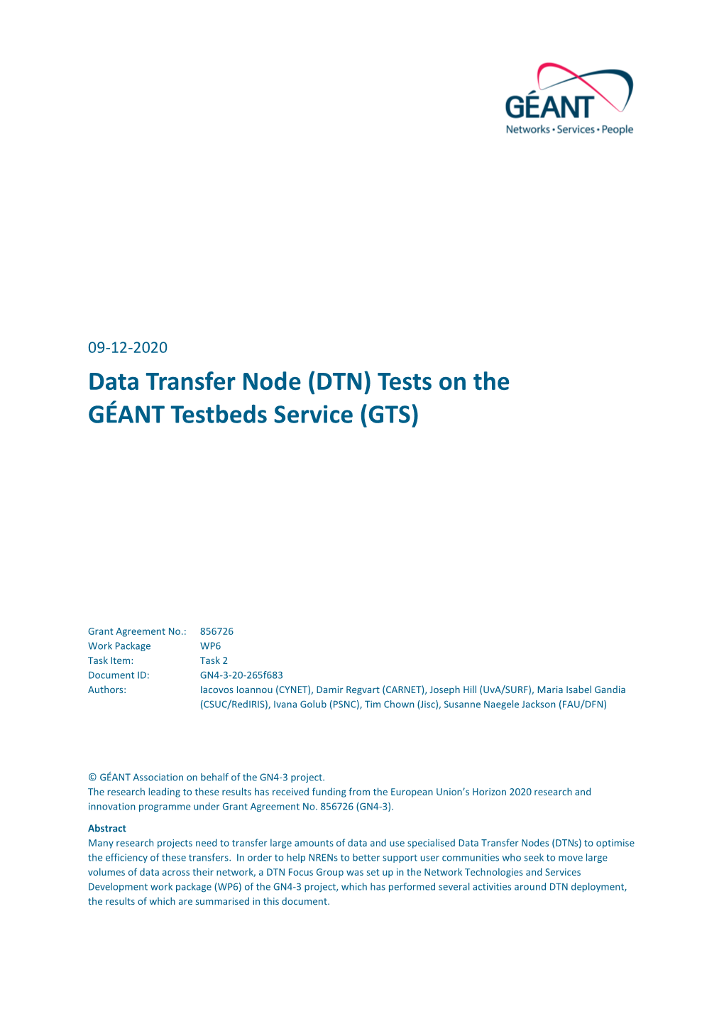 Data Transfer Node (DTN) Tests on the GÉANT Testbeds Service (GTS)