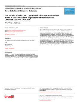 The Politics of Selection: the Historic Sites and Monuments Board of Canada and the Imperial Commemoration of Canadian History, 1919-1950 Yves Yvon J