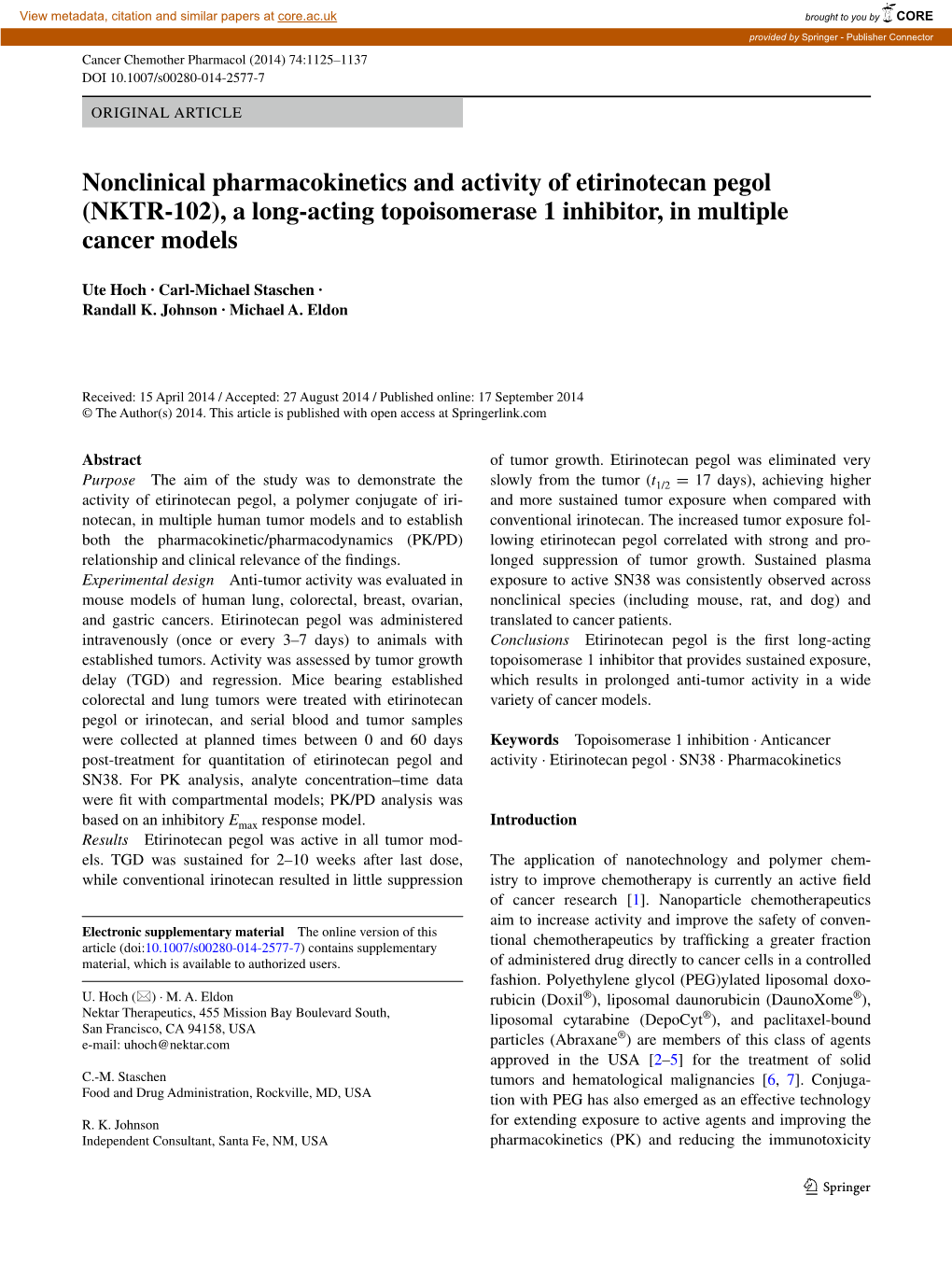 Nonclinical Pharmacokinetics and Activity of Etirinotecan Pegol (NKTR-102), a Long-Acting Topoisomerase 1 Inhibitor, in Multiple Cancer Models