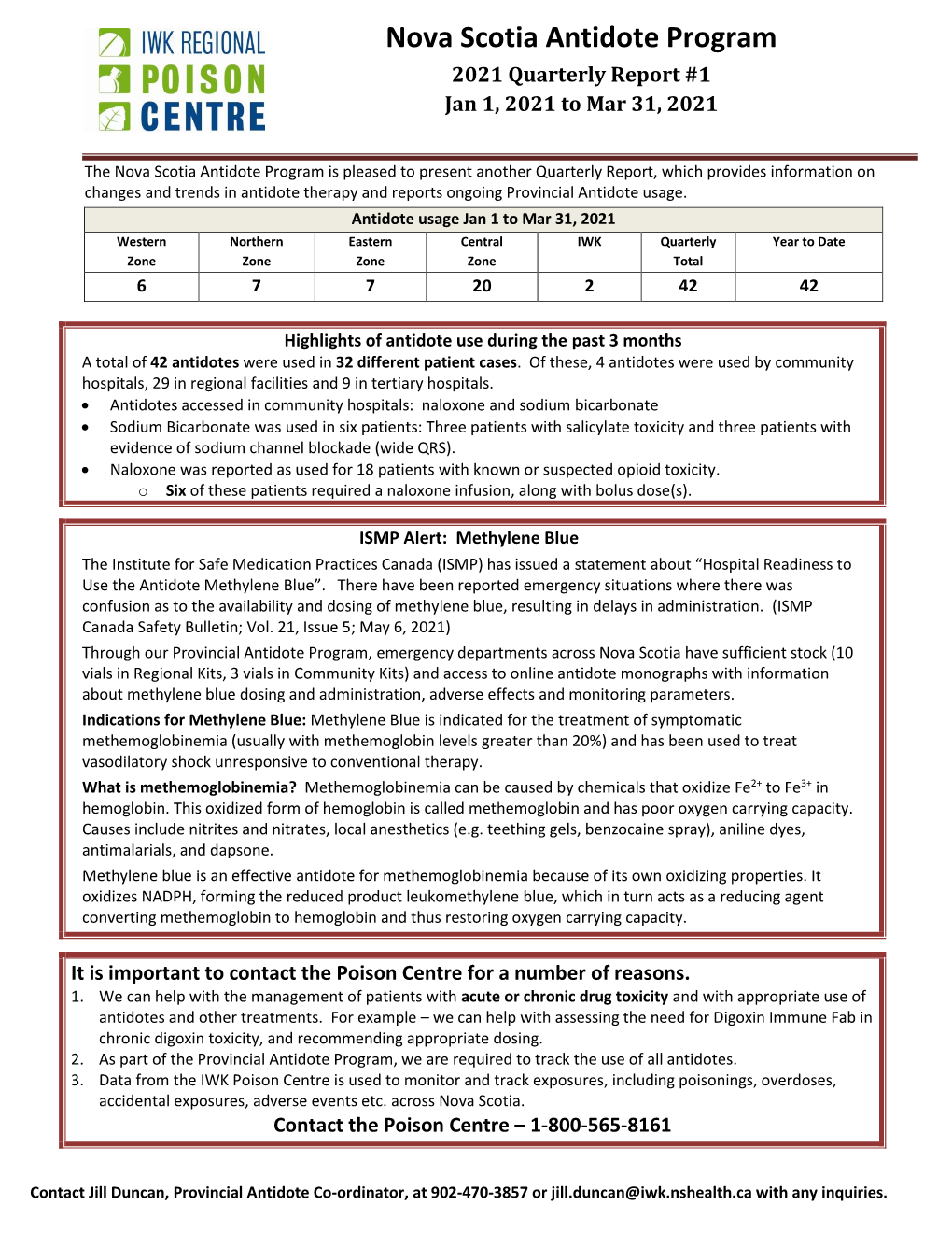 Nova Scotia Antidote Program 2021 Quarterly Report #1 Jan 1, 2021 to Mar 31, 2021