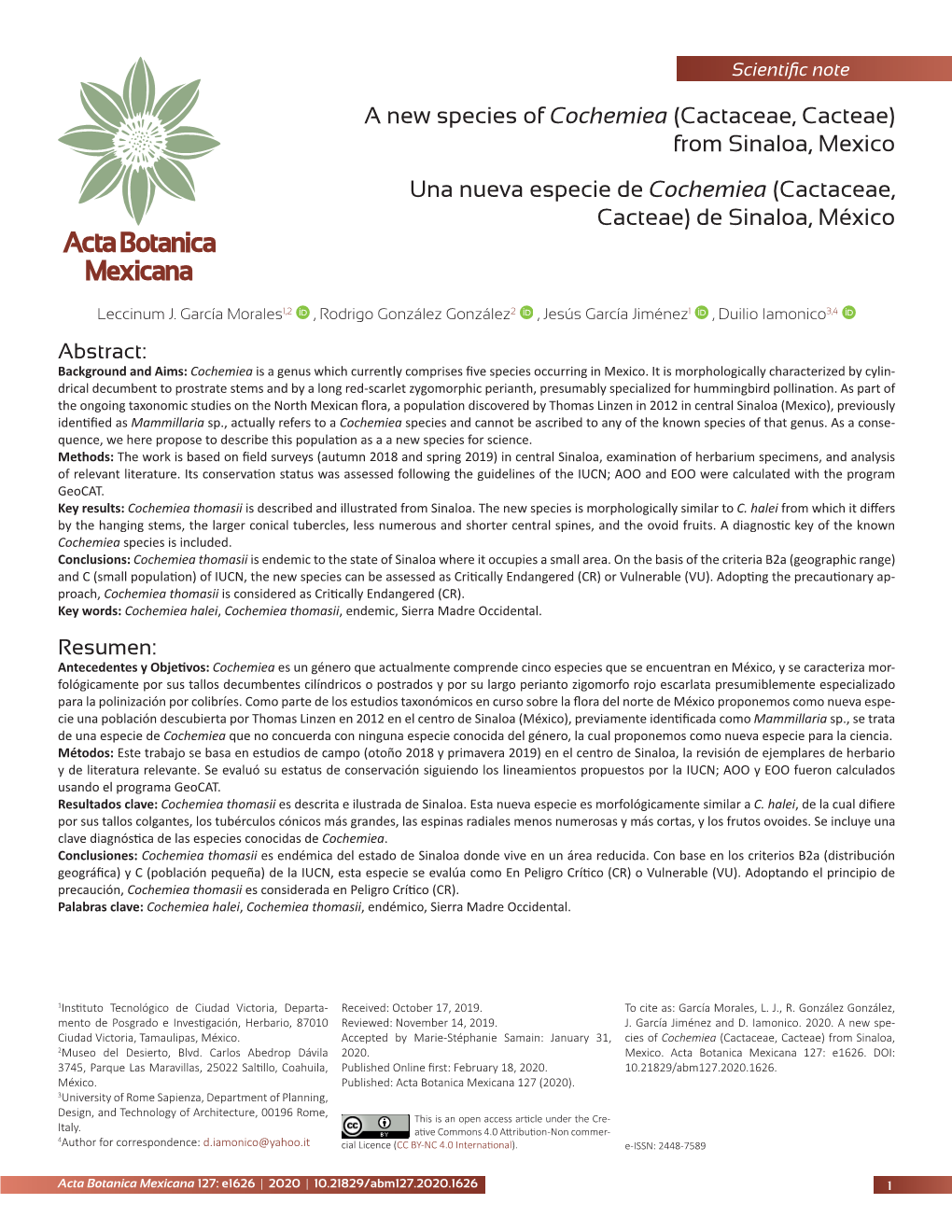 A New Species of Cochemiea (Cactaceae, Cacteae) from Sinaloa, Mexico Una Nueva Especie De Cochemiea (Cactaceae, Cacteae) De Sinaloa, México