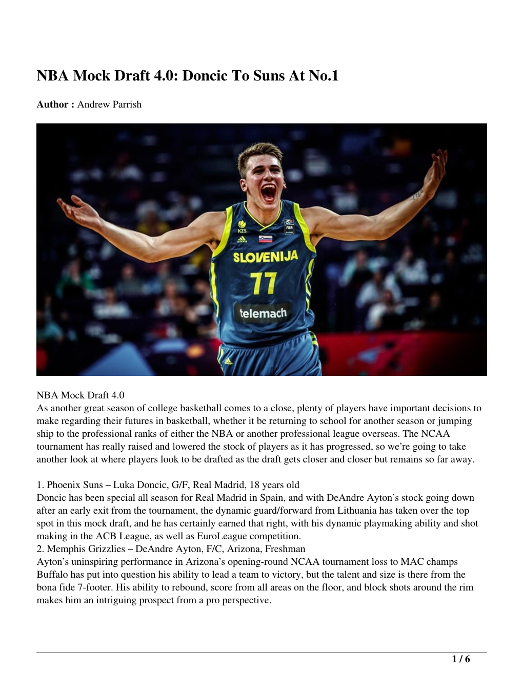 NBA Mock Draft 4.0: Doncic to Suns at No.1