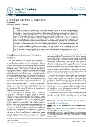 A Deductive Approach to Biogenesis! Rob Hengeveld* Vrije Universiteit, Amsterdam, the Netherlands