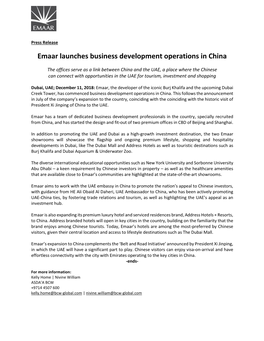 Emaar Launches Business Development Operations in China