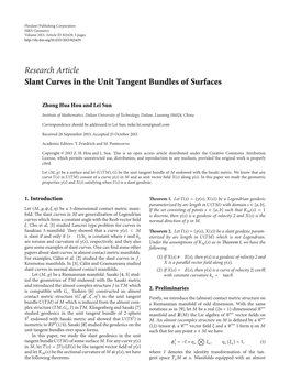 Research Article Slant Curves in the Unit Tangent Bundles of Surfaces