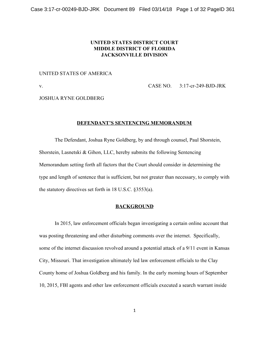 Case 3:17-Cr-00249-BJD-JRK Document 89 Filed 03/14/18 Page 1 of 32 Pageid 361