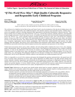“If This World Were Mine”: High Quality Culturally Responsive and Responsible Early Childhood Programs