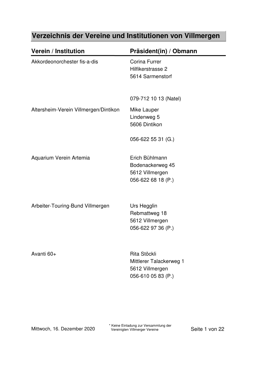 Verzeichnis Der Vereine Und Institutionen Von Villmergen