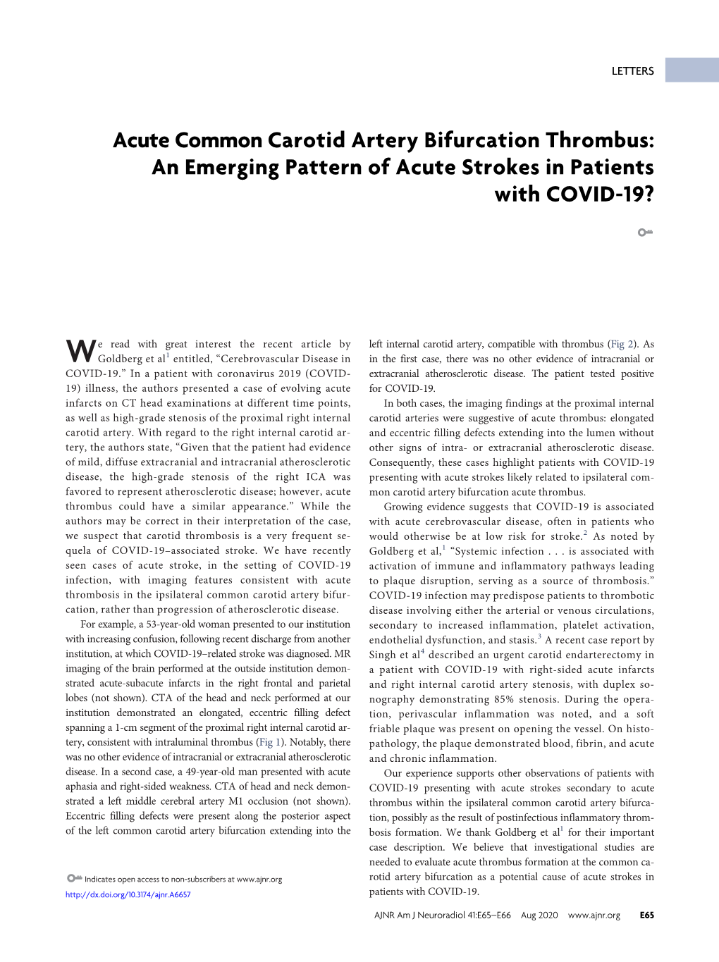 Acute Common Carotid Artery Bifurcation Thrombus: an Emerging Pattern of Acute Strokes in Patients with COVID-19?