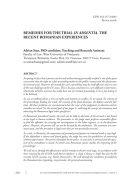 Remedies for the Trial in Absentia. the Recent Romanian Experiences