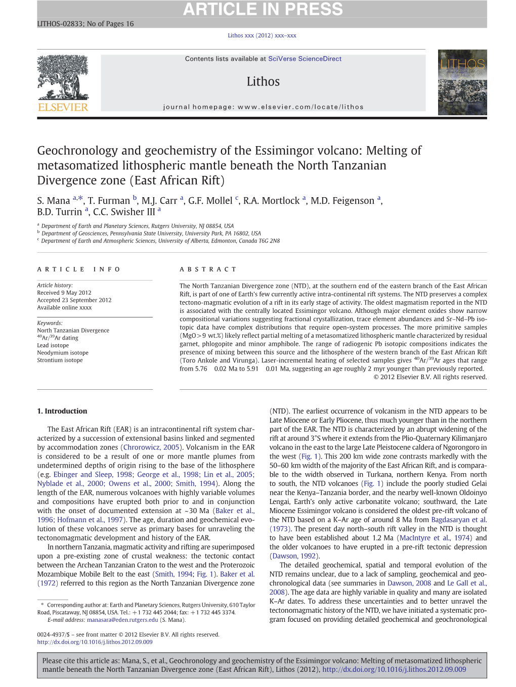 Geochronology and Geochemistry of the Essimingor Volcano: Melting of Metasomatized Lithospheric Mantle Beneath the North Tanzanian Divergence Zone (East African Rift)