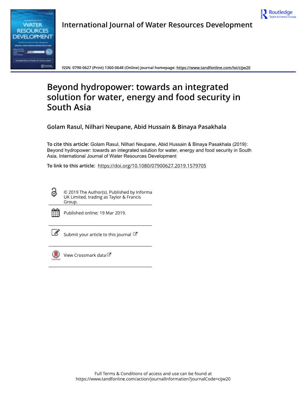 Beyond Hydropower: Towards an Integrated Solution for Water, Energy and Food Security in South Asia