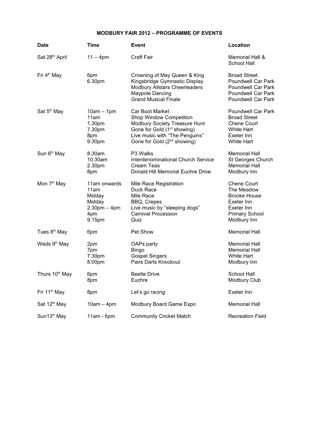 Modbury Fair 2012 Programme of Events