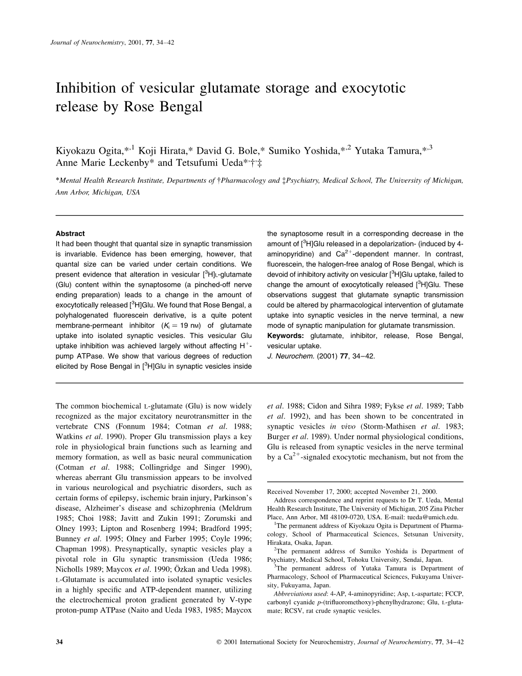 Inhibition of Vesicular Glutamate Storage and Exocytotic Release by Rose Bengal