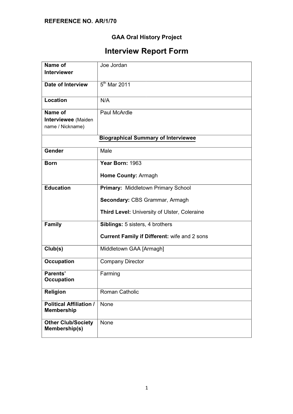 GAA Oral History Project Interview Report Form