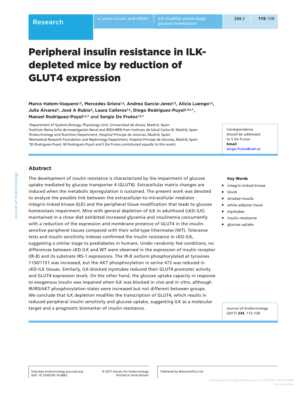 Peripheral Insulin Resistance in ILK- Depleted Mice by Reduction of GLUT4 Expression