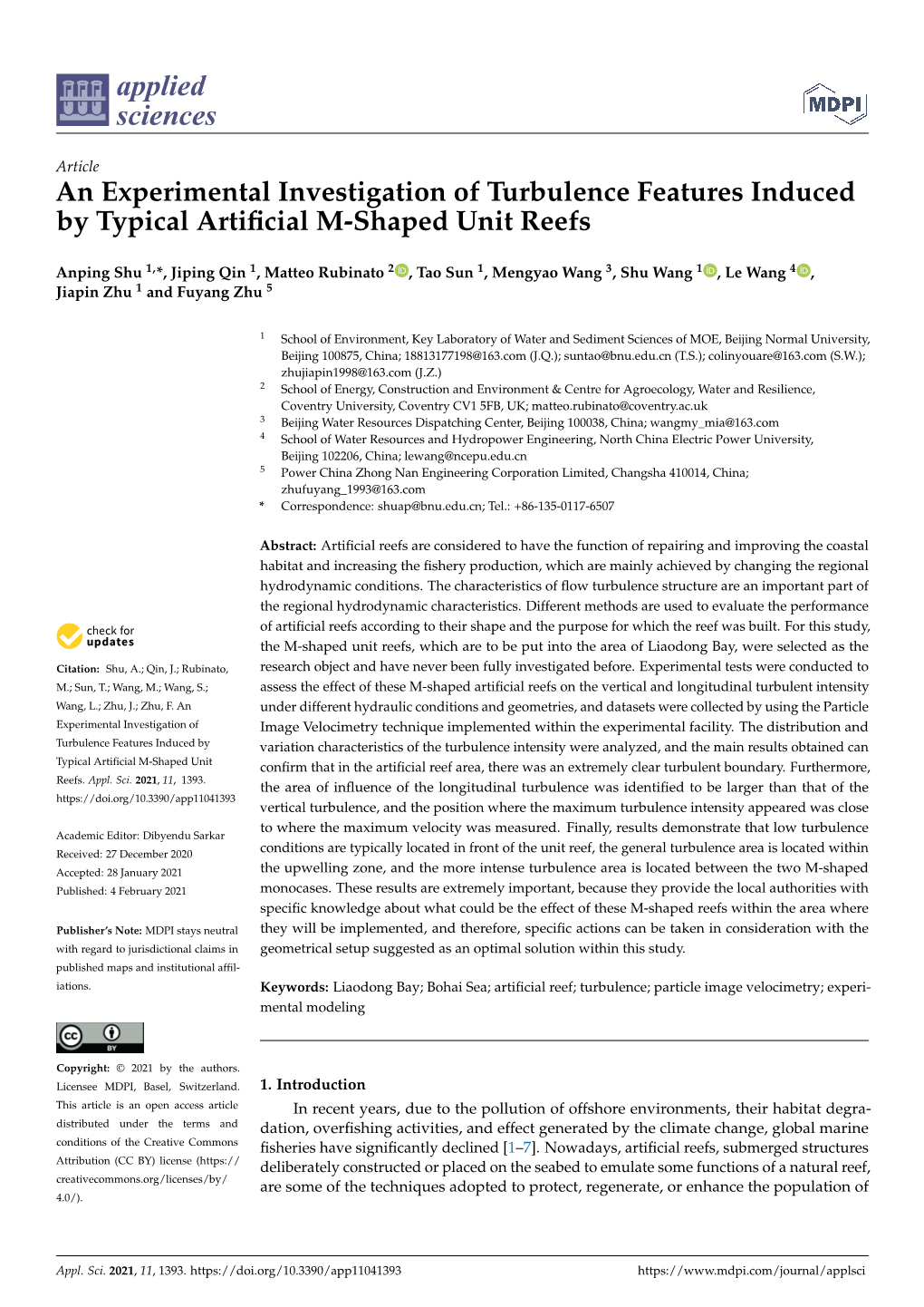 An Experimental Investigation of Turbulence Features Induced by Typical Artificial M-Shaped Unit Reefs