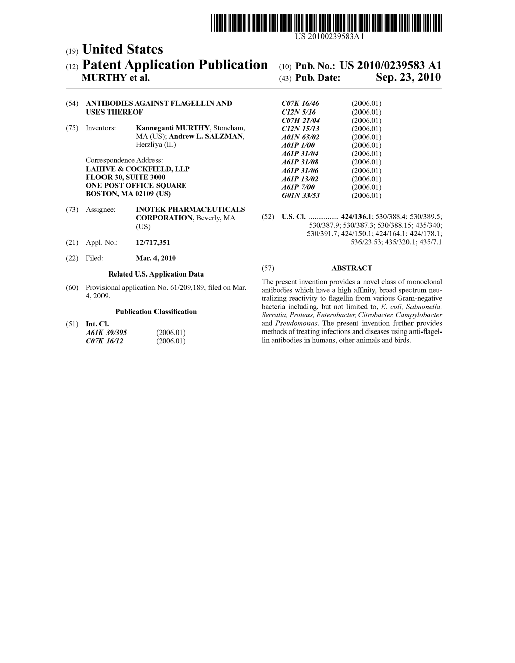 (12) Patent Application Publication (10) Pub. No.: US 2010/0239583 A1 MURTHY Et Al