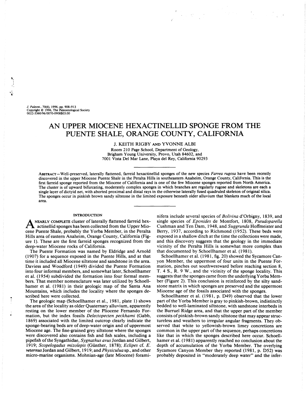 An Upper Miocene Hexactinellid Sponge from the Puente Shale, Orange County, California J