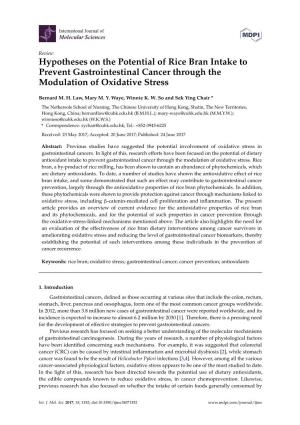 Hypotheses on the Potential of Rice Bran Intake to Prevent Gastrointestinal Cancer Through the Modulation of Oxidative Stress