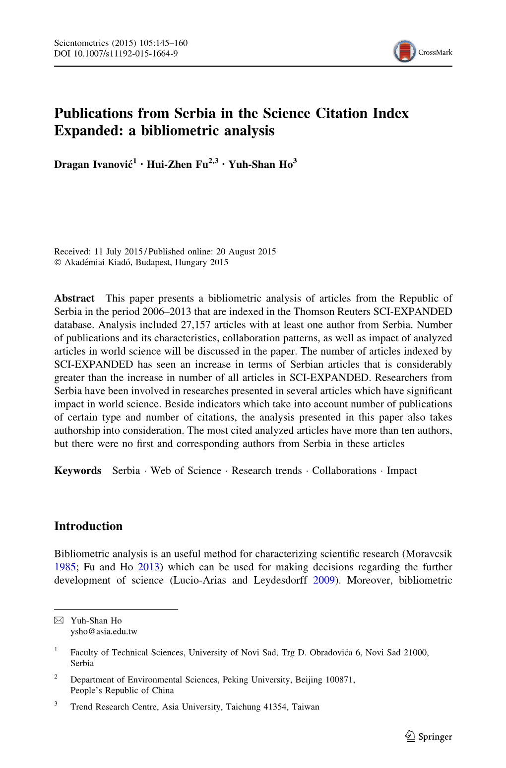 Publications from Serbia in the Science Citation Index Expanded: a Bibliometric Analysis