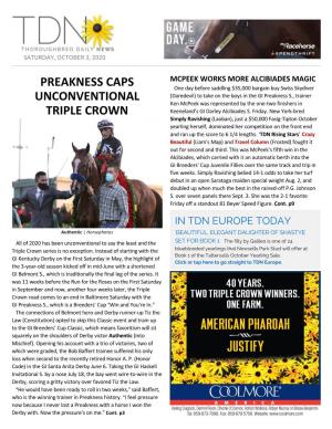 PREAKNESS CAPS UNCONVENTIONAL TRIPLE CROWN Bought by the Coolmore Partners