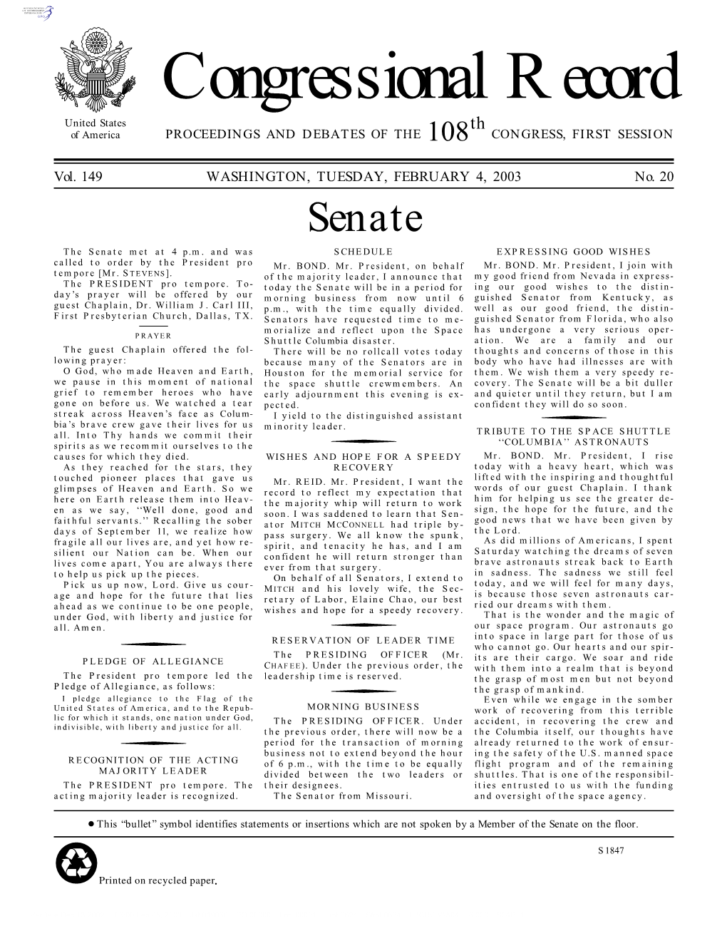 Congressional Record United States Th of America PROCEEDINGS and DEBATES of the 108 CONGRESS, FIRST SESSION