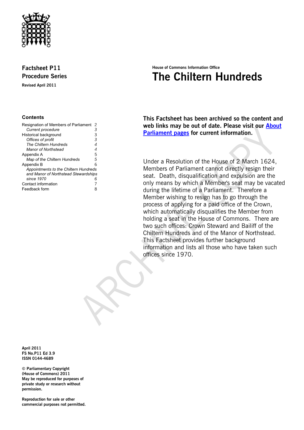 The Chiltern Hundreds Revised April 2011