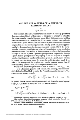 ON the CURVATURES of a CURVE in RIEMANN SPACE*F