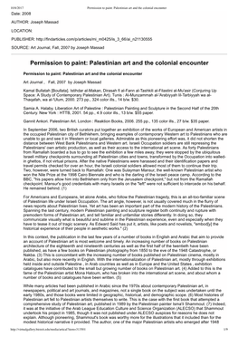 Permission to Paint: Palestinian Art and the Colonial Encounter Date: 2008