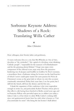 Sorbonne Keynote Address: Shadows of a Rock: Translating Willa Cather
