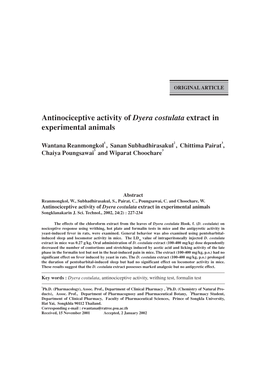 Antinociceptive Activity of Dyera Costulata Extract in Experimental Animals