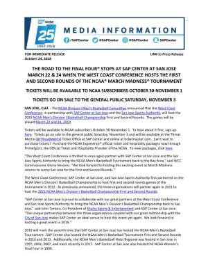 The Road to the Final Four® Stops at Sap Center at San Jose March 22 & 24