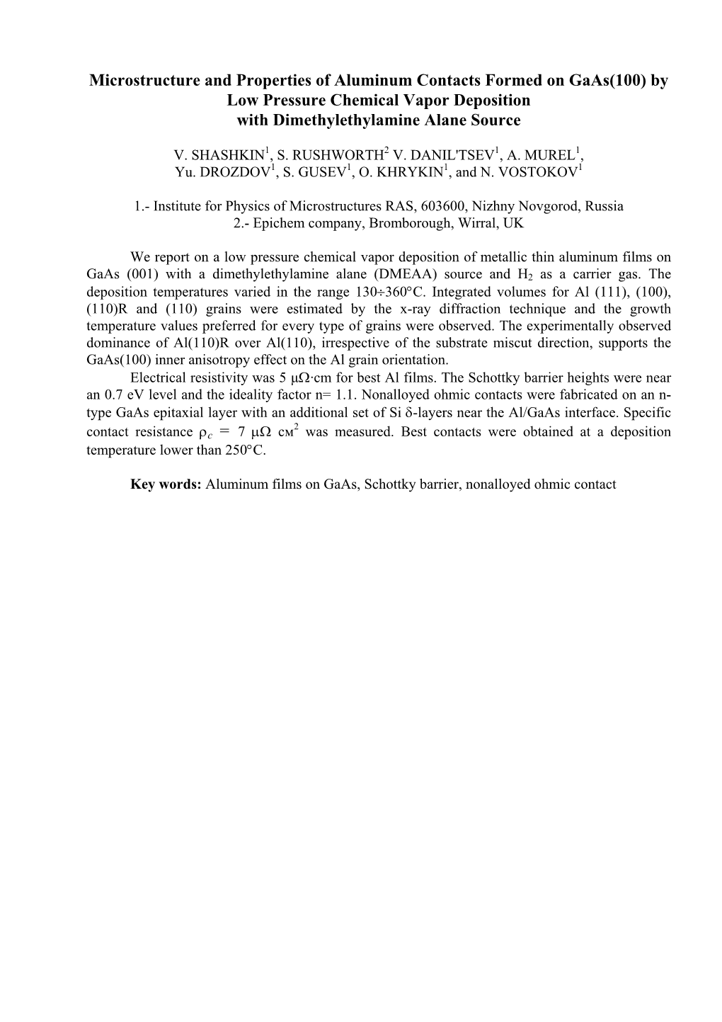 Microstructure and Properties of Aluminum Contacts Formed on Gaas(100) by Low Pressure Chemical Vapor Deposition with Dimethylethylamine Alane Source