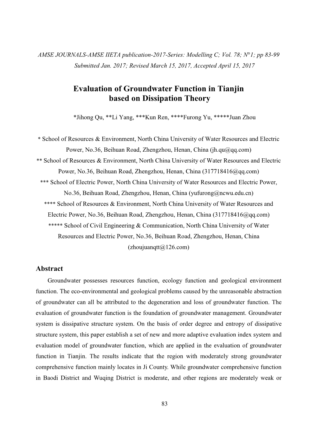 Evaluation of Groundwater Function in Tianjin Based on Dissipation Theory