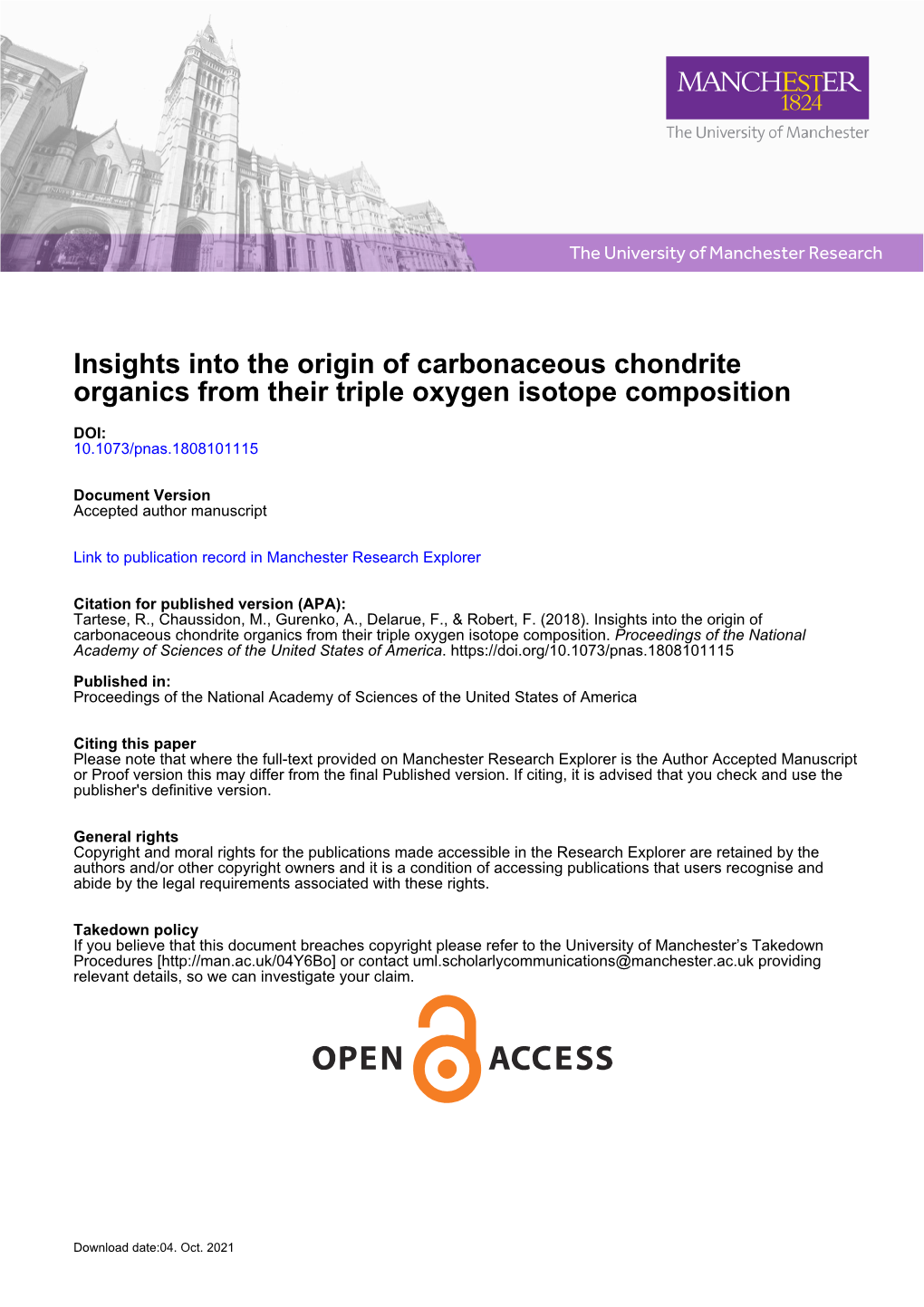 Insights Into the Origin of Carbonaceous Chondrite Organics from Their Triple Oxygen Isotope Composition